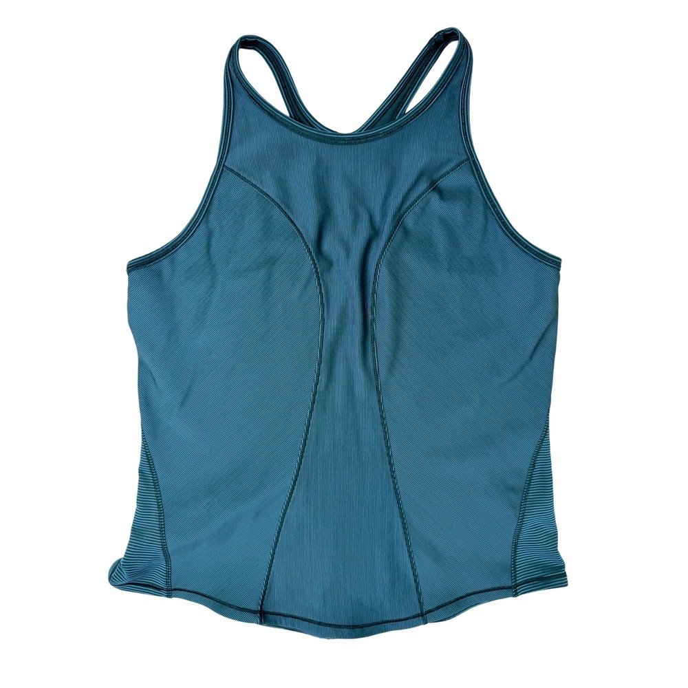 Lululemon High Neck Tank Top Womens‎ 10 Teal Striped Excellent Racerback Running